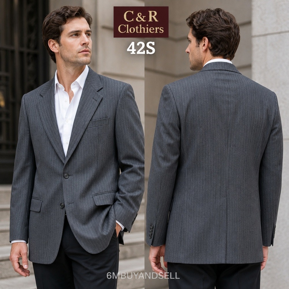 C&R Clothiers Mens 42S Blazer Jacket Gray Pinstripe 100% Wool Button Sport Coat